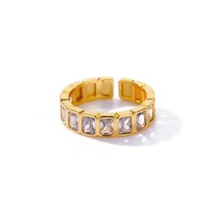 Gold Ion Plated Ring with Clear Zircon | Adjustable Open Band | Statement Ring